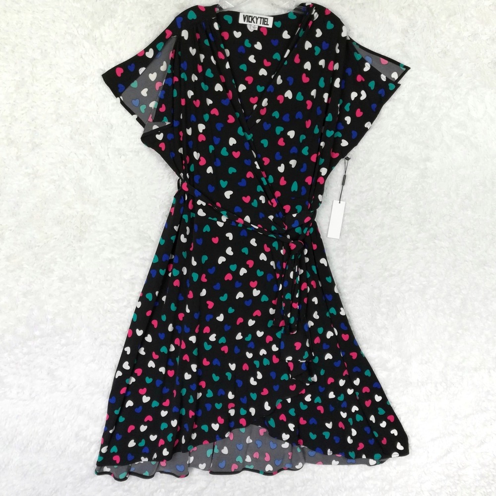 Vicky Tiel Womens Dress Wrap Black Flutter Sleeve Heart Print Tie Plus 1X New